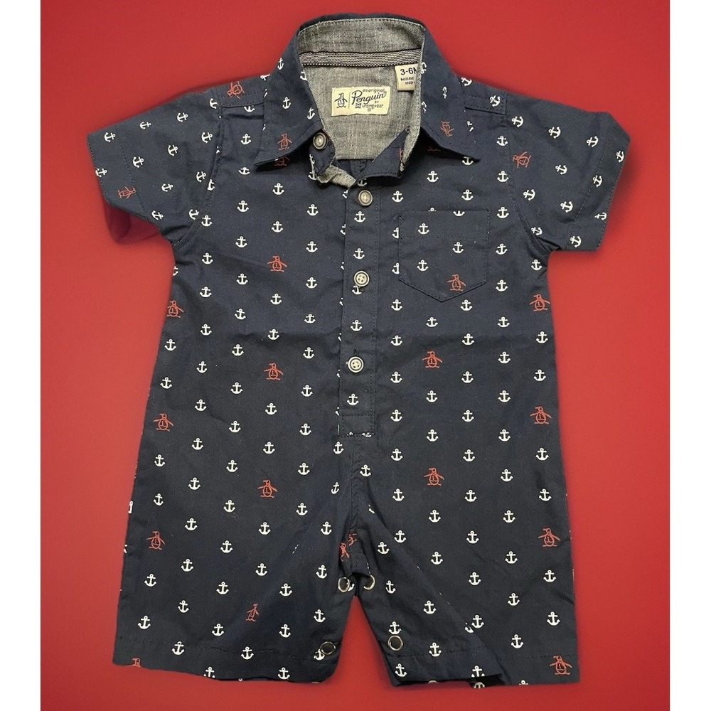 Original Penguin Baby Boy Romper One Piece Red White‎ Blue Size 3/6 M Nautical